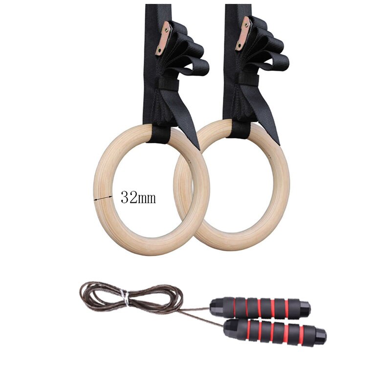 Rhythmic Gymnastic Rings Fitness Workout Exercise Wooden Pull Ups Muscle Training Equipment with Buckle Straps for Home Gym: 32mm with jump rope