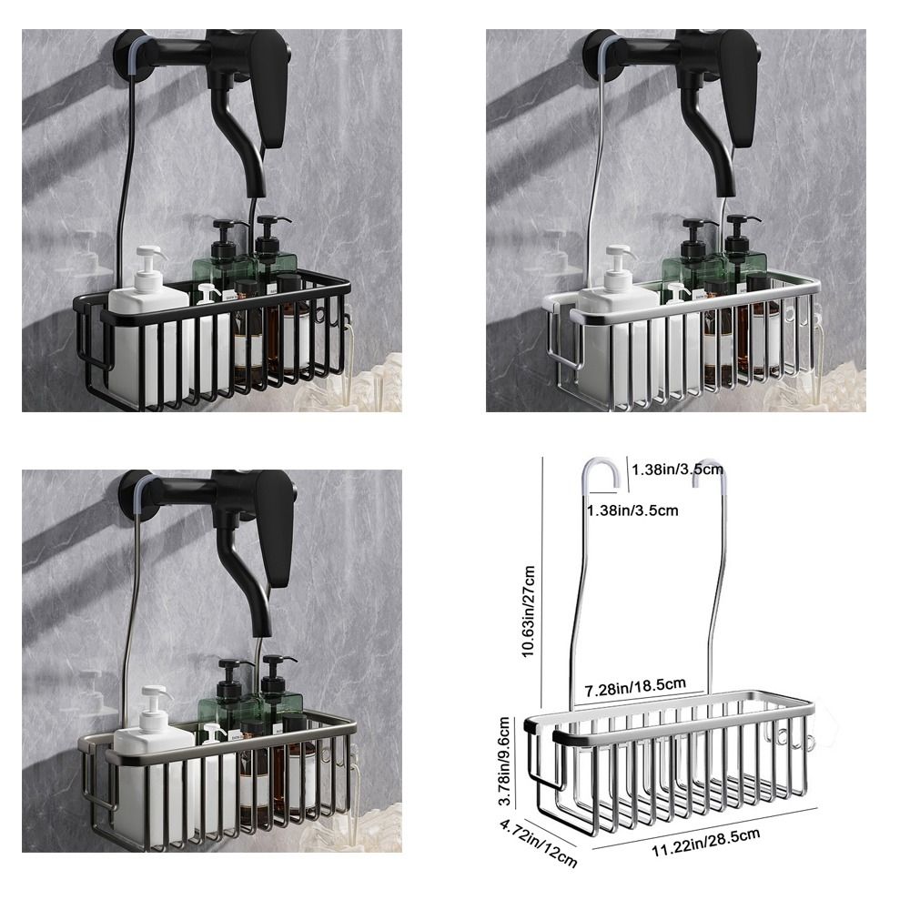 Cesta de ducha colgante plateada/negra/gris con ganchos, estante de almacenamiento de gran capacidad para baño, resistente al óxido, estante colgante para el hogar