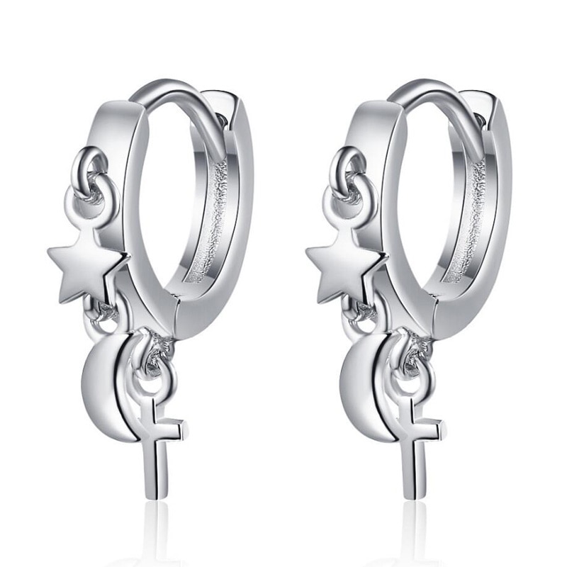 KOFSAC-pendientes de plata de primera ley con forma de luna y estrella para mujer, aretes pequeños, plata esterlina , Cruz, Estilo Vintage, de cumpleaños, 925