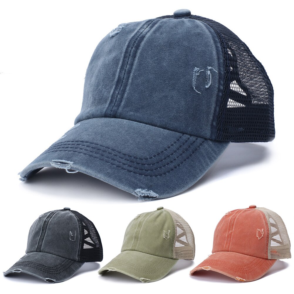 Baseball Cap Mannen Vrouwen Hip Hop Vader Mesh Hoed Retro Anti Zon Ripped Mesh Paardenstaart Criss Cross Baseball Cap Verstelbare hoed