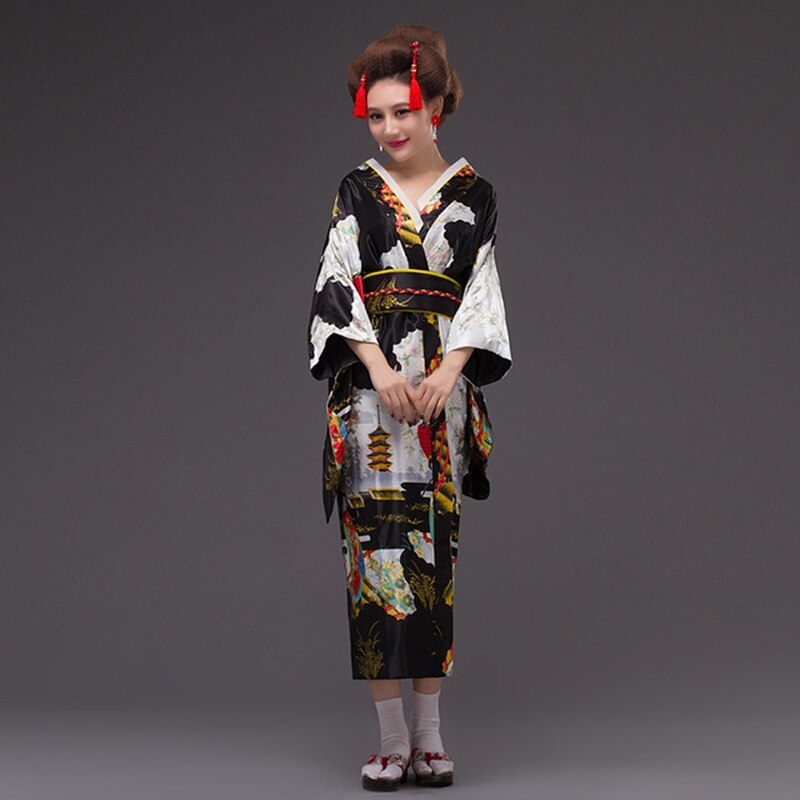Japanese Women Original Yukata Dress Traditional Kimon Performance Dance Costumes samurai японская одежда kimono feminino: black