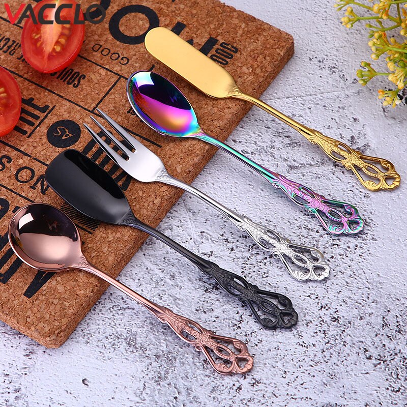 Vacclo 1pc Stirring Coffee Spoon 304 Stainless Steel Cutlery Round Square Shaped Vintage Dessert Spoon Fork Kitchen Accessories