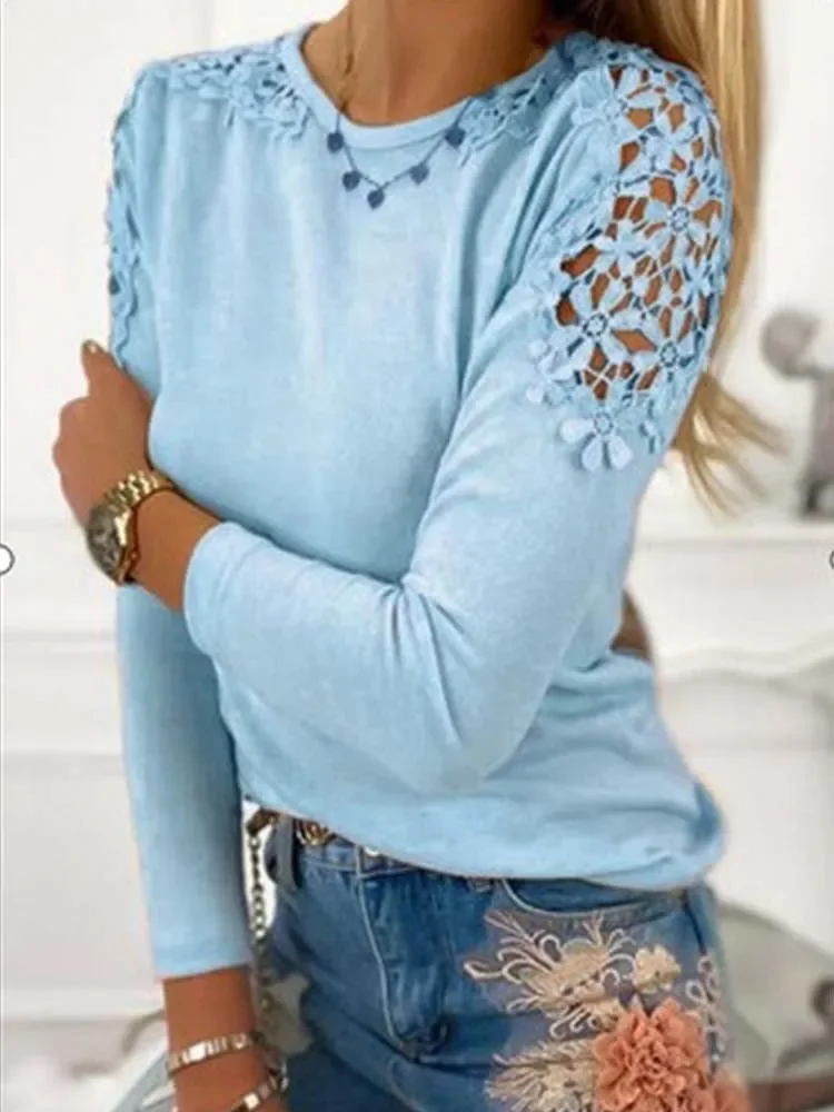 Dame høst ensfarget t-skjorte med blonder o-hals langermet dame casual løs bluse i pluss størrelse topper 3xl: Xxxl / Svart