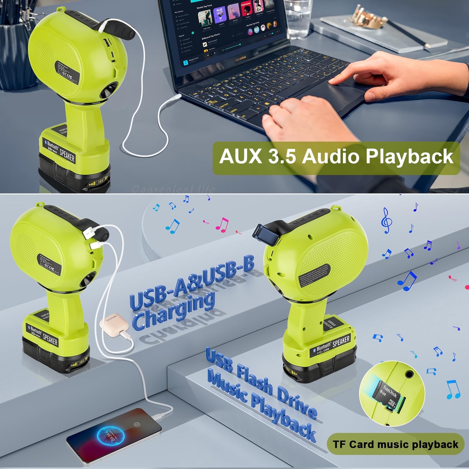 Haut-parleur Bluetooth pour la batterie Ryobi 18V haut-parleur portable avec lumière LED haut-parleurs stéréo à double jumelage USB-A / C pour la lecture de la musique de la carte Flash Drive la lecture de musique de carte TF la lecture de la musique AUX 3.5