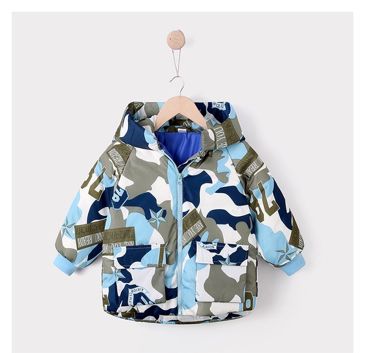 3-7 years old children baby down jacket thick winter boys and girls camouflage baby hooded autumn and winter warm jacket: Blue / 4T