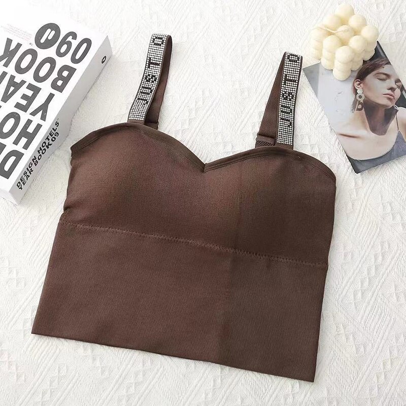 Luxury Diamond Sling Seamless Camisole U-shaped Back Adjustable Shoulder Strap No Steel Ring Sports Underwear Party Essential: brown