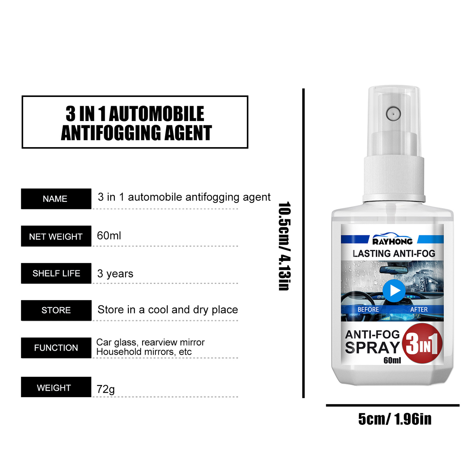 60ml Anti-fog Agent Spray Car Windshield Defogger Agent Auto Glass Rainproof Agent Coating Agent Car Window Anti-fog Spray