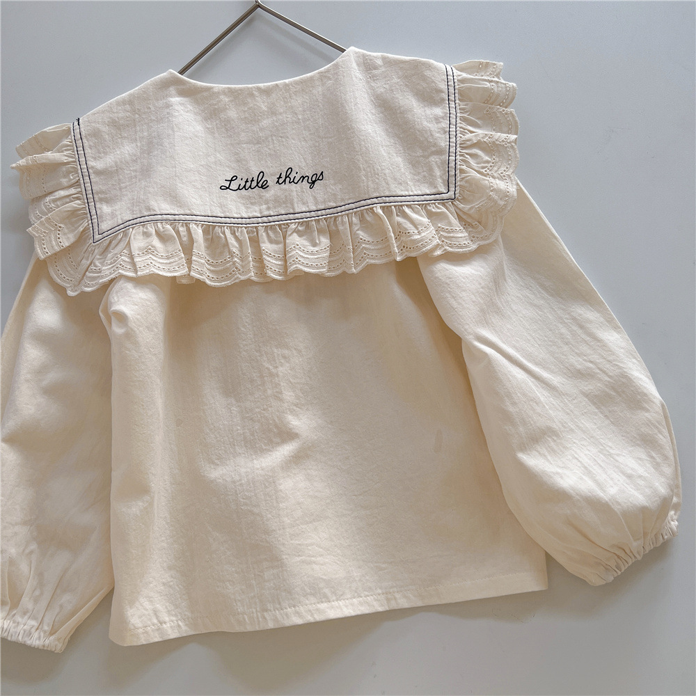 Camisa de encaje para niña 9900B, ropa para niño, blusa con letras bordadas para niña, blusa con cuello de retales de encaje, Tops 2022