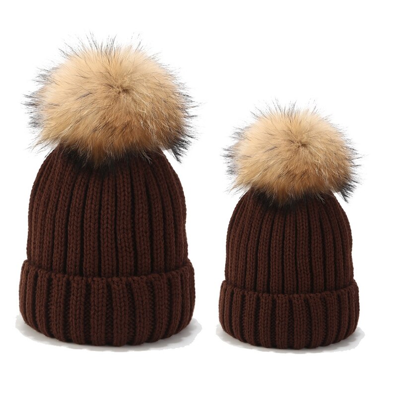 2 stuks gebreide mutsenset voor ouder en kind, wintermuts met pompon en doodshoofd: Br