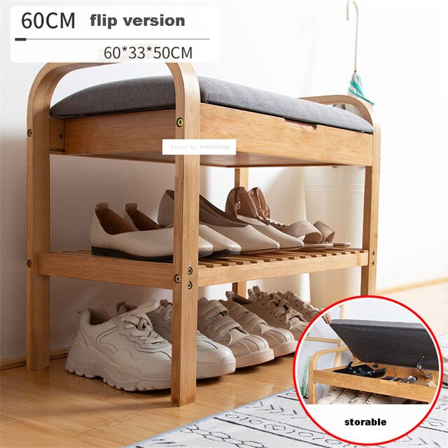 ND190508 Living Room Double Deck Wood Shoe Storage Cabinet Doorway Wood Shoe Rack Modern Fabric Shoes Trying Stool: 60cm flip version