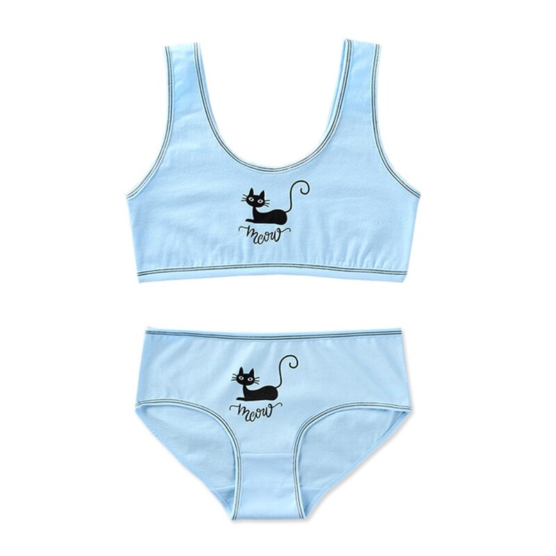 Adolescenti ragazze 2 pezzi Set di biancheria intima simpatico gatto nero stampa cinturino largo reggiseno da allenamento gilet a righe Top e mutandine abbinate sport U: Blue