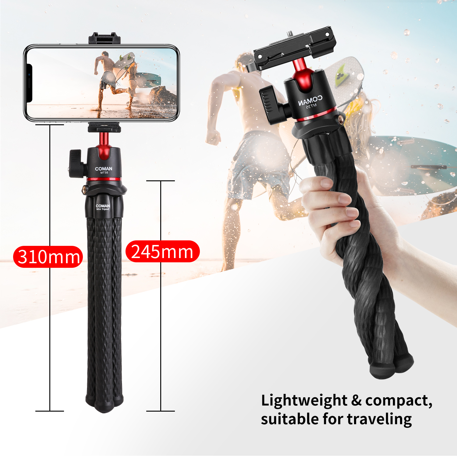 COMAN MT-35 Elastyczny statyw do aparatu Ukryty statyw do telefonu z uchwytem na zimną stopkę Statyw do smartfona DSLR do iPhone'a 15 Pro Max Samsung