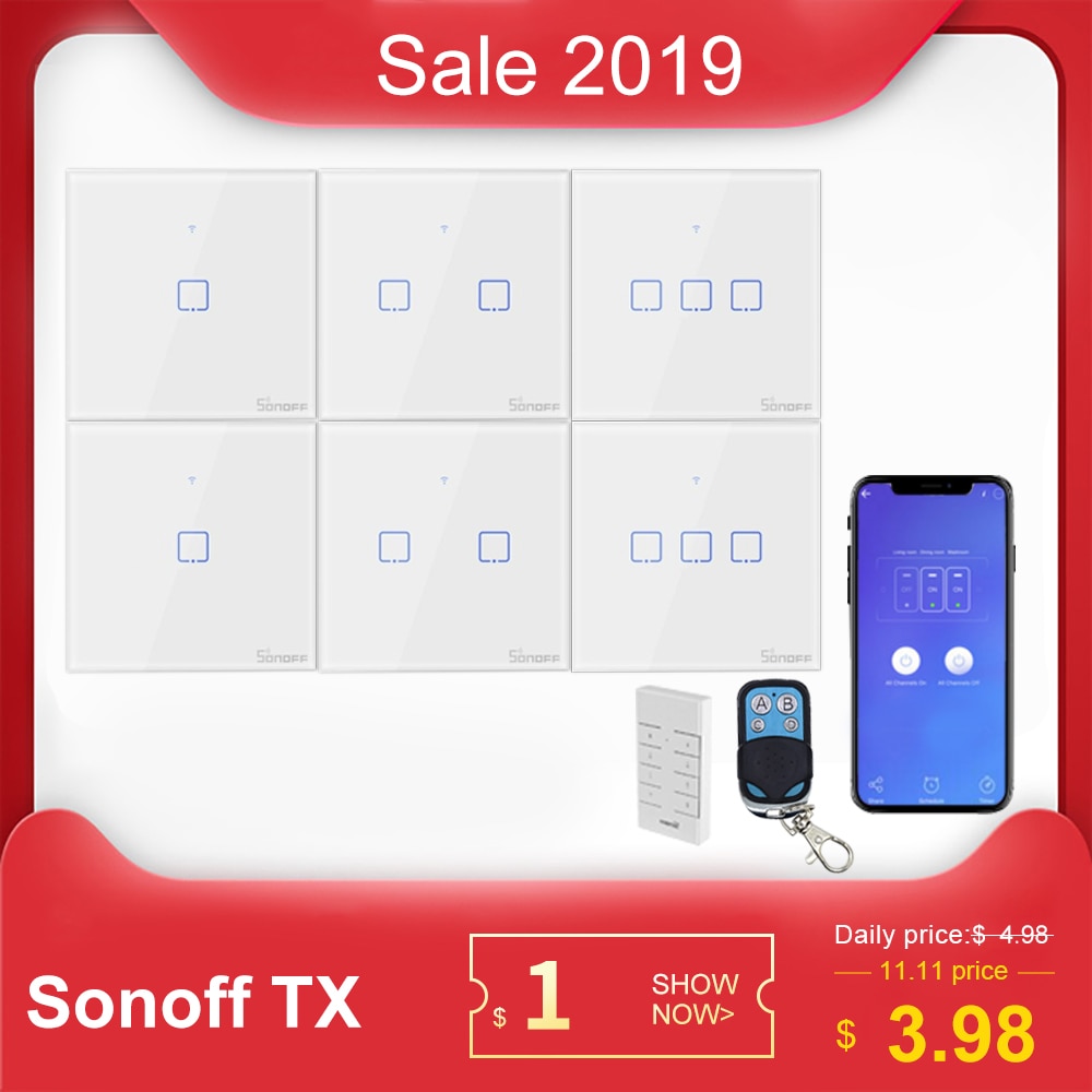 SONOFF T1 EU/UK Wall Touch Switch Light Panel Glass Screen 1/2/3 Gang Wifi Touch/APP/RF 433mhz Remote Control Smart Home Alexa