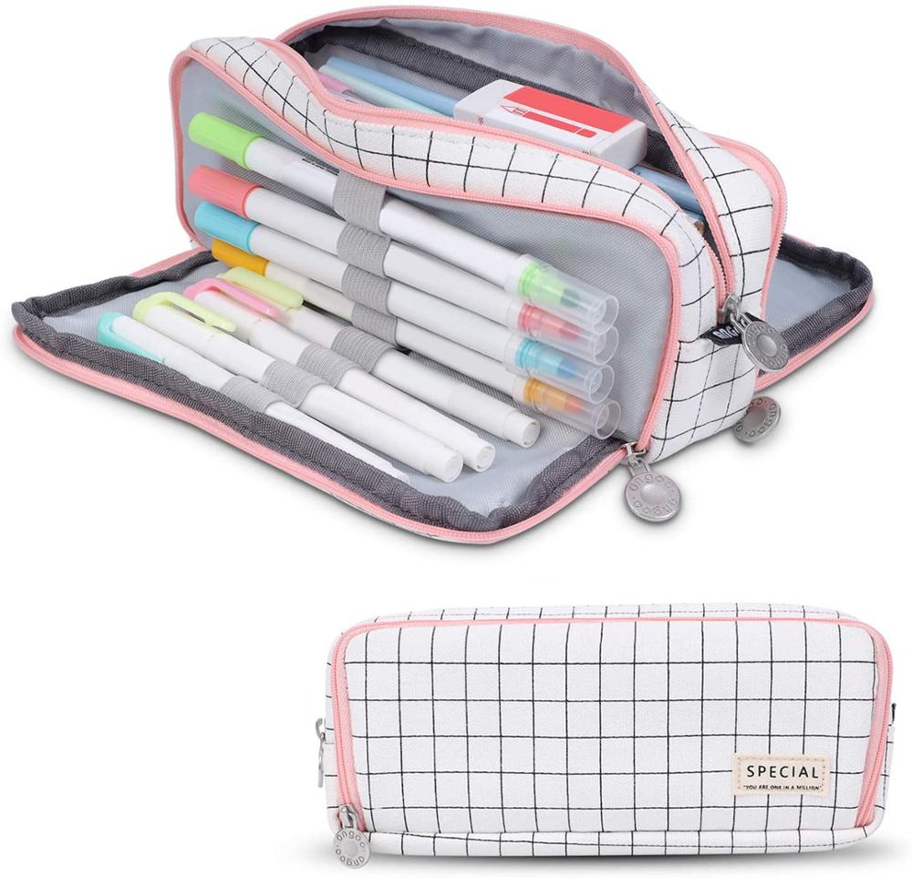 Large Pencil Case with Zipper Cute Grid School Supplies Pencil Pouch for Teen Girls and Boy School Student Bag
