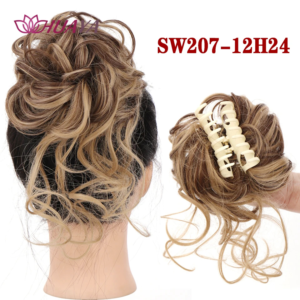 Moño de pelo sintético para mujer, moño desordenado, extensiones de cabello Updo despejadas con Clip de garra, horquillas rizadas, negro y marrón: P18 / 613