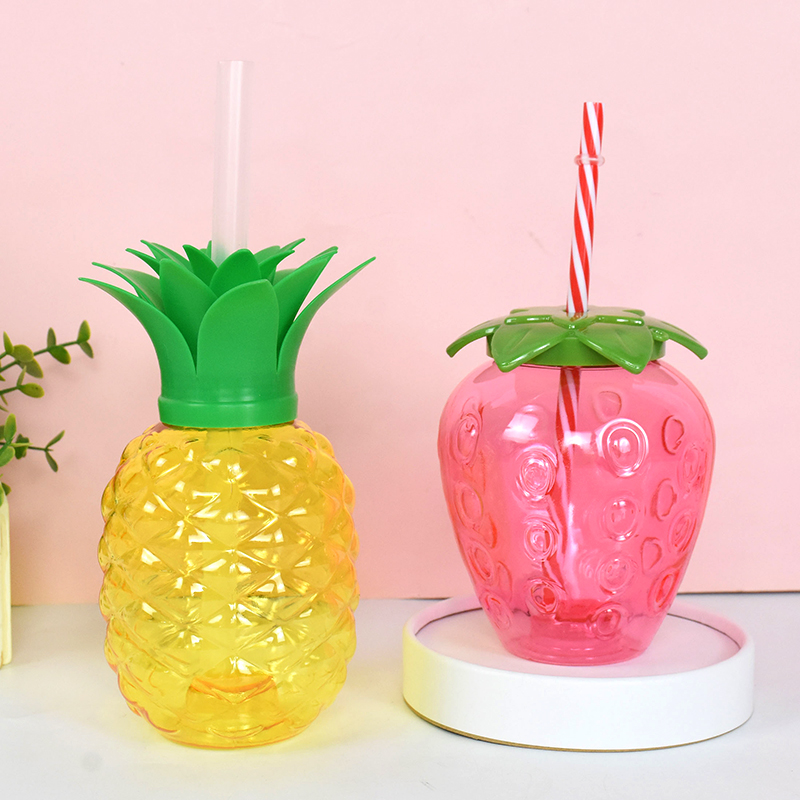 Vasos de piña de plástico con pajita y fresa para beber, 8 piezas, Hawaiano, Luau, decoración de Tropical, suministros de cumpleaños de playa de verano