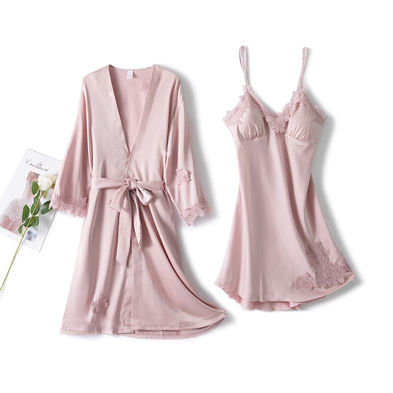 Bandage Robe Pajamas Sets Sleepwear Lace Bath Gown Women's Summer Satin Sexy With Chest Pad Dress Two-Piece Suit Night Dress: Pink / M