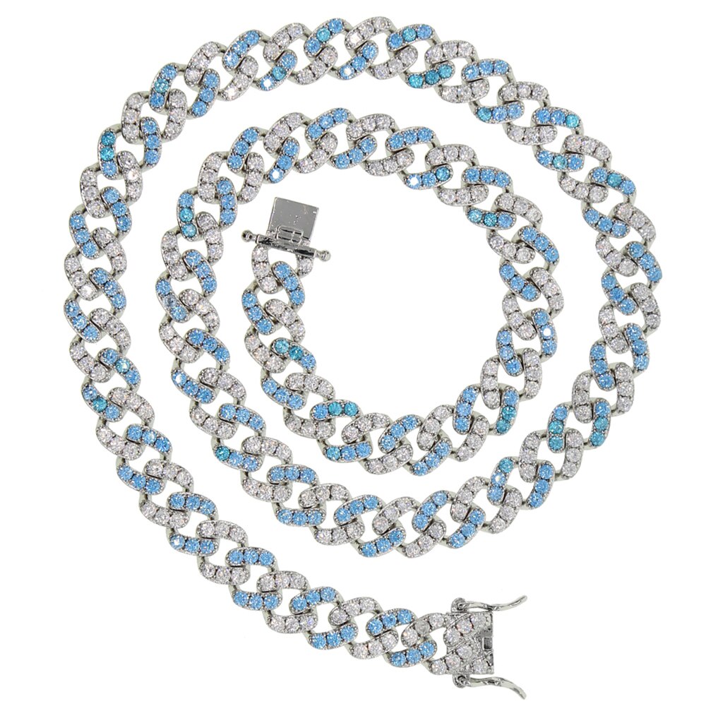 9mm iced out bling cz Miami cuban link chain Two tone With White &Pink cz choker necklace silver color women jewelry: White Blue / 38cm