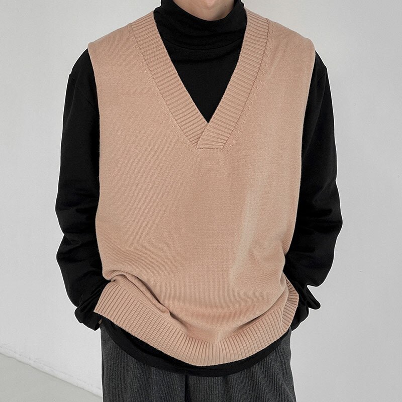IEFB – gilet en tricot fin pour homme, pull sans manches, col en v, sous-vêtement ample, Vintage, tendance, collection automne hiver: Khaki / L