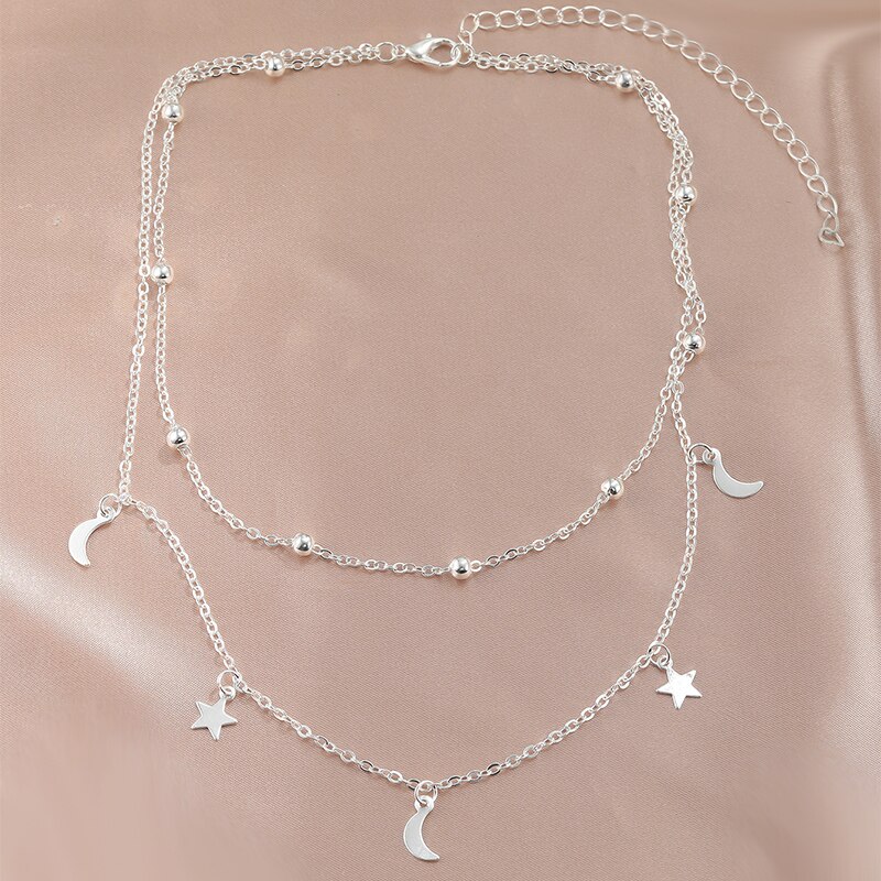 Dainty Eenvoudige Gouden Kleur Moon Star Ketting Dubbele Laag Kralen Kwastje Sleutelbeen Ketting Choker Voor Vrouwen Romantische Boho Sieraden