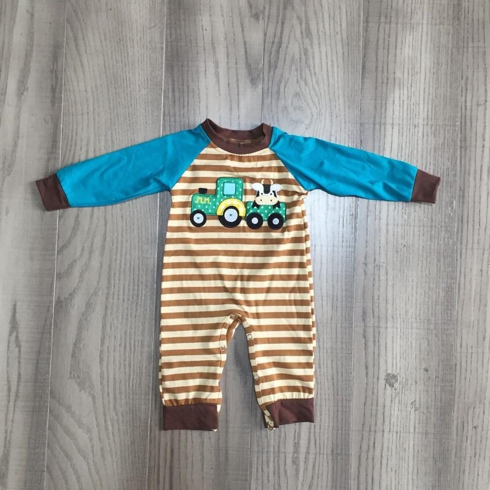 Girlymax fazenda macacão bebê crianças listra macacão infantil criança trator vaca leiteira bordado bebê menino tarja macacão