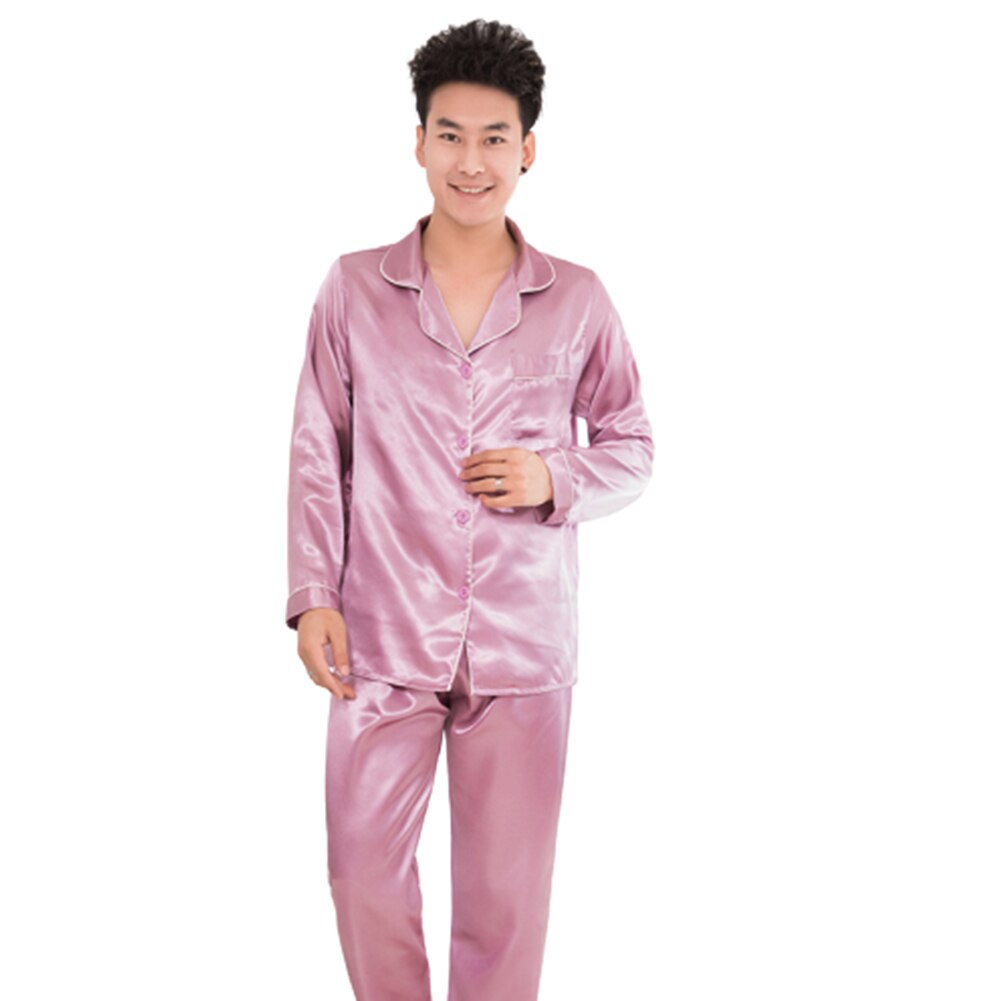 Mouw pak zijden satijn heren pyjama set nachtkleding paar effen kleur lange mouw pak pyjama voor heren nachtkleding pak: Paars / Xl
