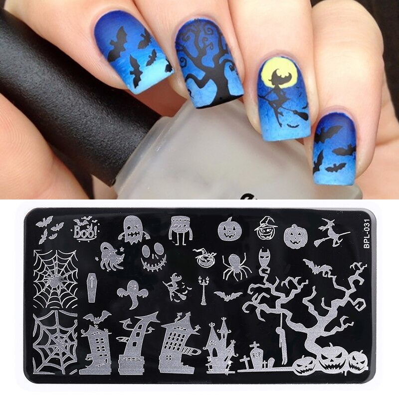 Geboren Pretty Halloween Thema Nail Stempelen Plate Pompoen Spider Afbeeldingsstempel Template Nail Art Stencil Platen