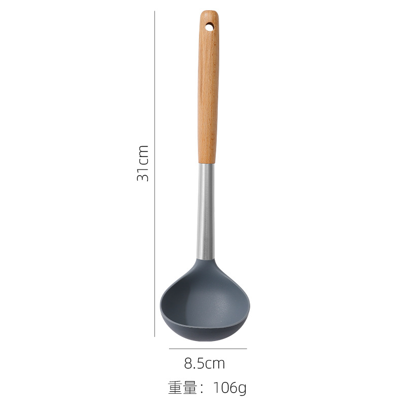 Silicone Kitchen Utensils Wooden Handle Non Stick Pot Kitchenware Cooking Set Heat-resistant Soup Spoon Pasta Colander Shovel: Dark Khaki