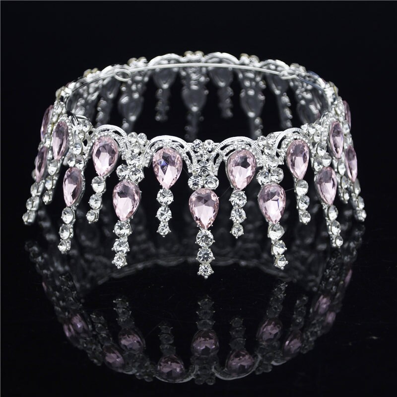 Wedding Tiara Crown - Round Rhinestone Bridal Headpiece - Gold & Silver Plated Zinc Alloy: Silver Pink