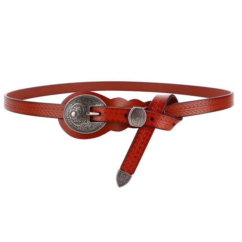 Vintage Metal Buckle Head Waist Belt Womens Medeival Larp Viking Costume Accesory Fashon Thin Waistband Straps Curved For Lady: Brown(110cm)