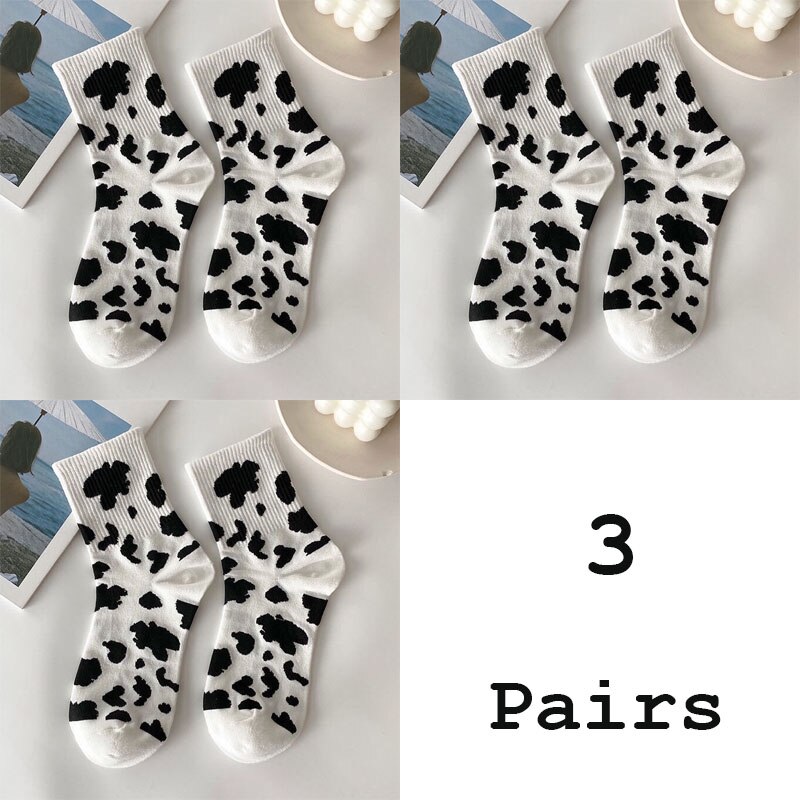 3 Pairs Socks Set Women's Socks Cow Print Ins Black And White Lovely Versatile Socks Stripes: black