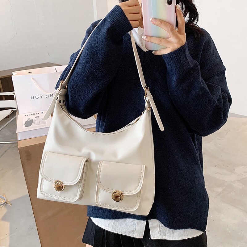 Bolso blanco Hobos de de para mujer, Cartera de mano de piel de Color sólido con múltiples bolsillos, bolso de hombro a la de media luna,