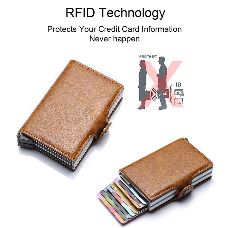 Rfid Blocking Bescherming Leather Wallet Id Credit Card Houder Met 2 Metalen Aluminium Business Bank Card Case Voor 14 Kaarten