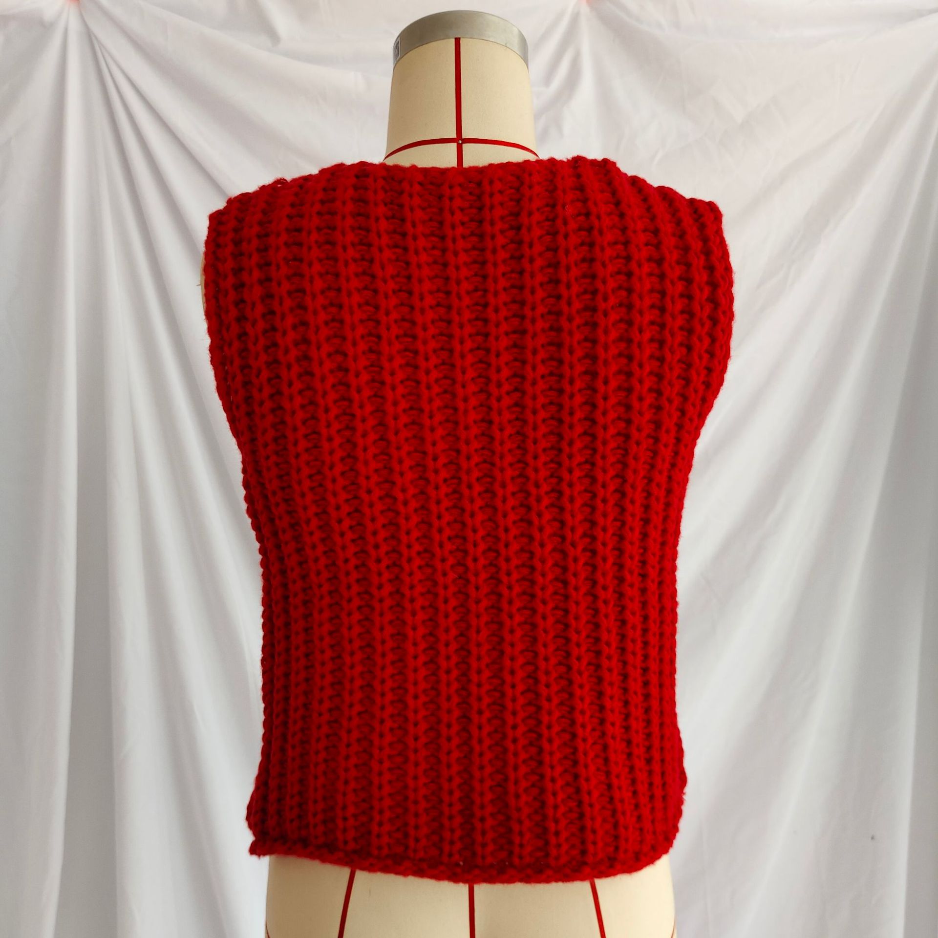 Efterårs cropped sweater dameveste rød ensfarvet løs afslappet sweatervest kabelstrikket sweatervest til kvinder toppe med lommer