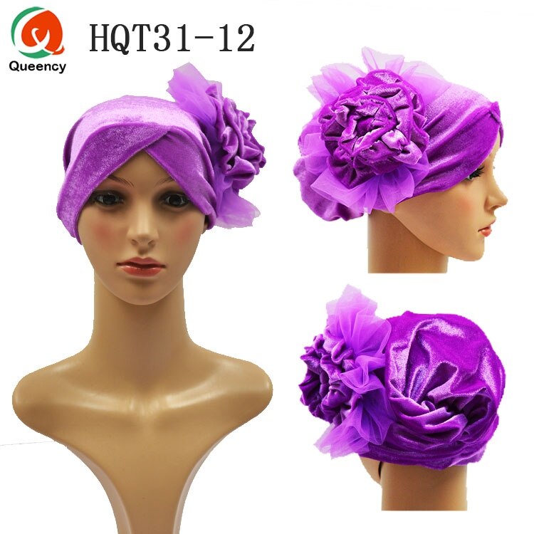 HQT31 Turban Nigeria cravate dames velours Tuban Gele casque musulman arabe Bonnet fleur chapeau pour mariage et fête: lilac