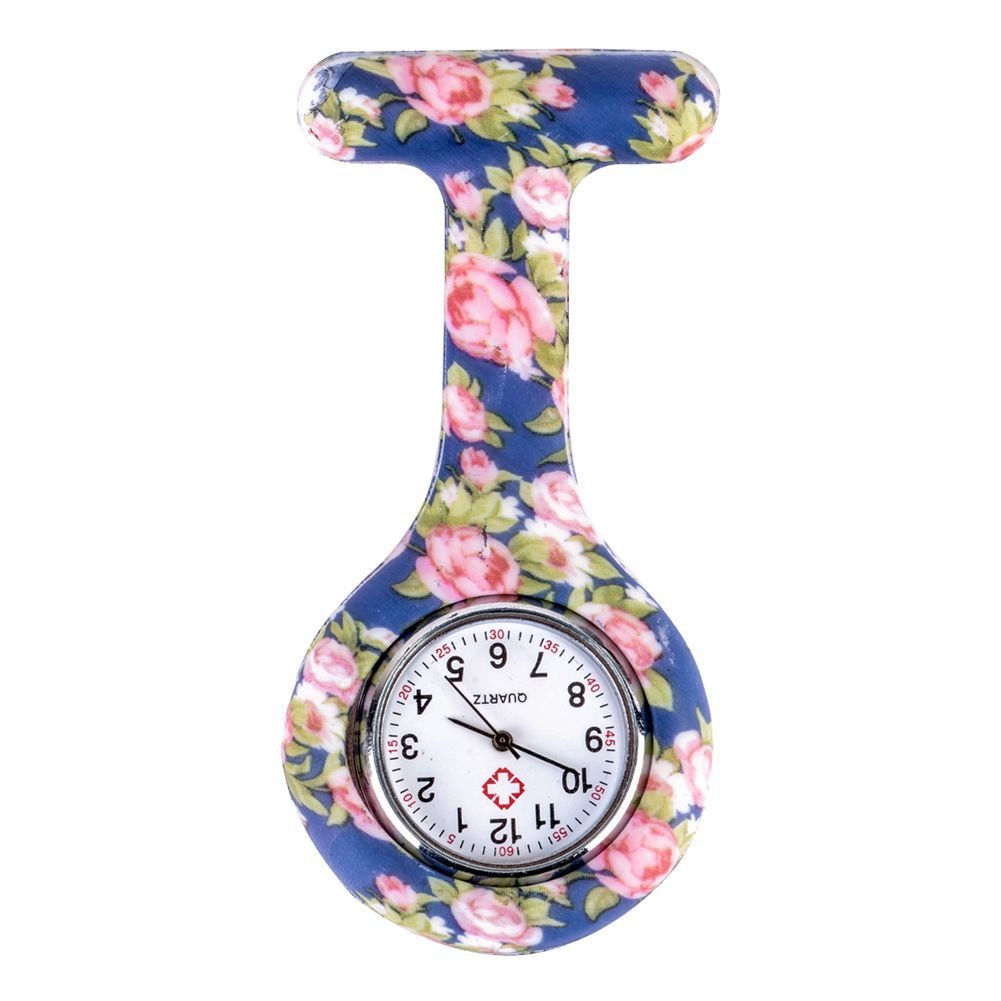 Blauw roze Pioen patroon Siliconen Verpleegkundigen Broche Tunic Fob Zakhorloge Roestvrij Wijzerplaat