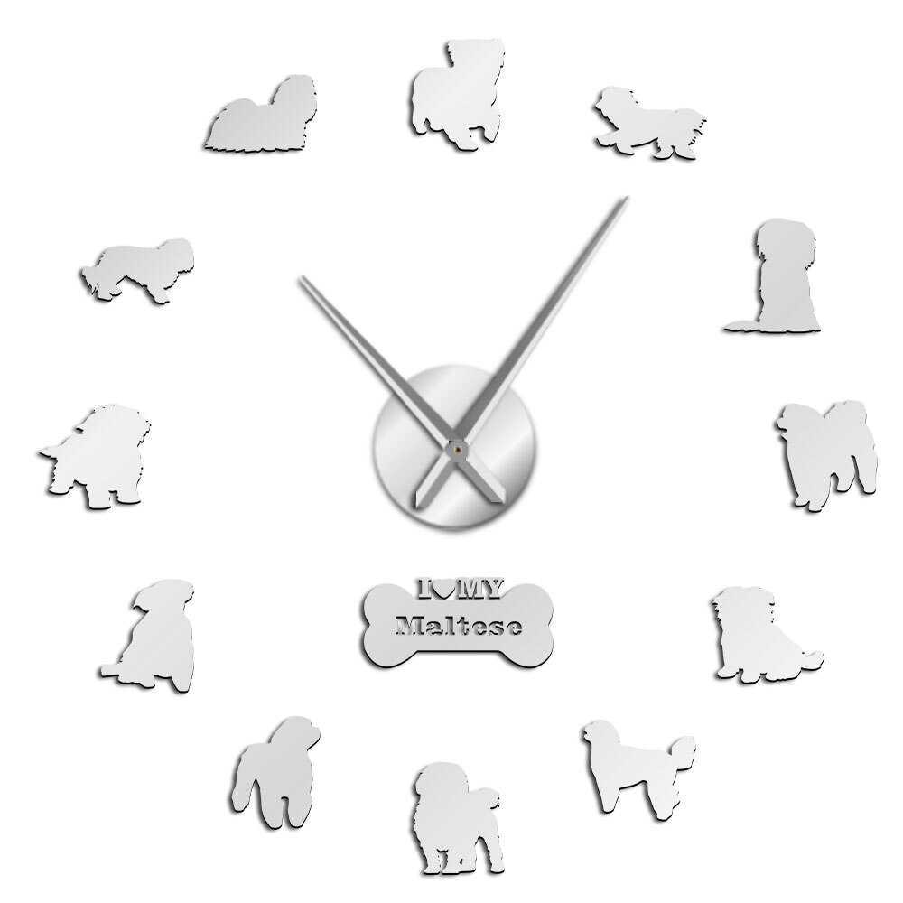 Maltese Hond Ras Frameloze 3D Diy Wandklok Kunstmatige Leuke Puppy Maltese Yorkie Terrier Mute Muur Horloge Voor Pet minnaar: Silver / 47inch