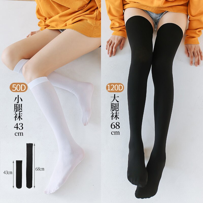 Calcetines largos hasta la rodilla para niña, medias de seda de nailon para mujer, color blanco y negro, para verano, todas las estaciones