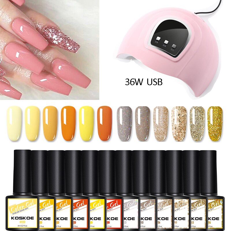 Koskoe neglesæt gel lak sæt kit 8/10/12/14/16 uv led farve gel negle lak kit med negle lampe negle kunst dekorations værktøj: 36w 12 farver sæt 15
