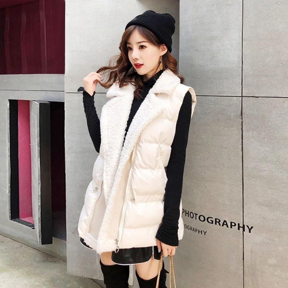 Plus size dames effen imitatie lamswol dikke warme vest jas zakken rits mouwloze jas gilet kantoor dame gilet femme: Wit / M