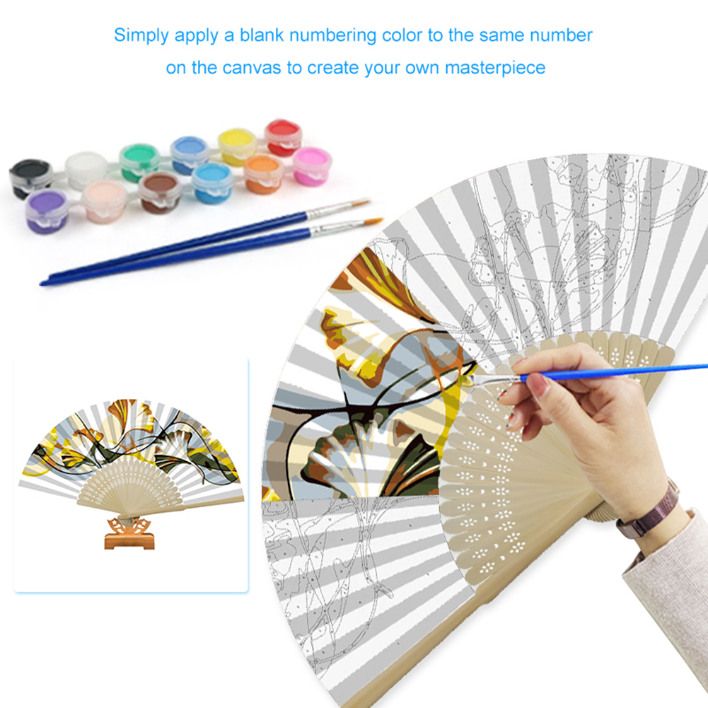 Handmade Oil Painting Ginkgo Leaf Folding Fan By Numbers DIY Painted Craft Home Decoration Digital Oil Painting Fan