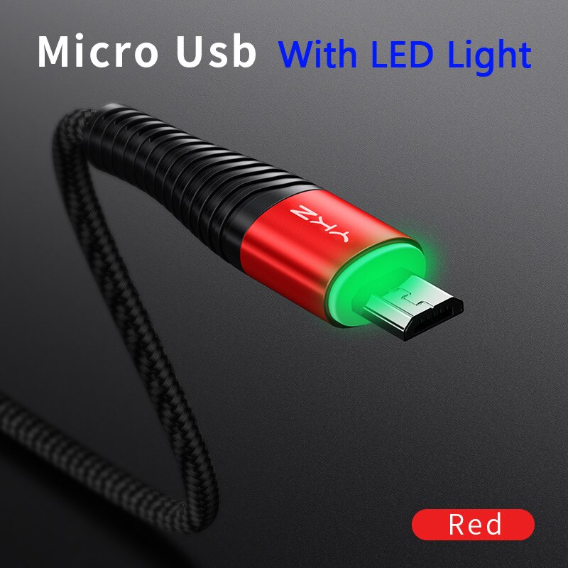 Ykz 3a led micro usb cabo de carregamento rápido microusb carregador data cabo fio para samsung huawei xiaomi cabo android telefone móvel: Red with LED / 2 m