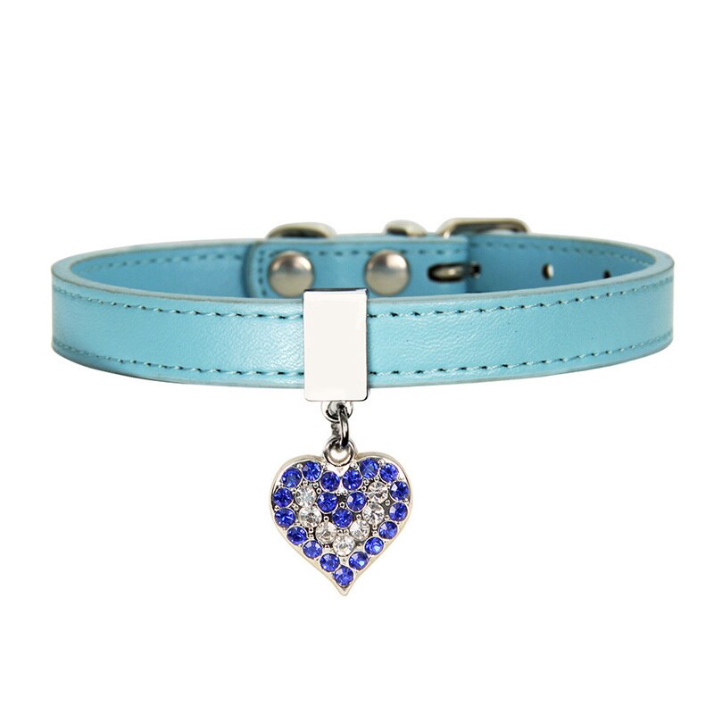 Bling Dog Collar Rhinestone Leather Puppy Collar Cute Cat Collar 0.5" Width Heart Pendant Pet Collars For Small Dogs/Cats: Blue / S