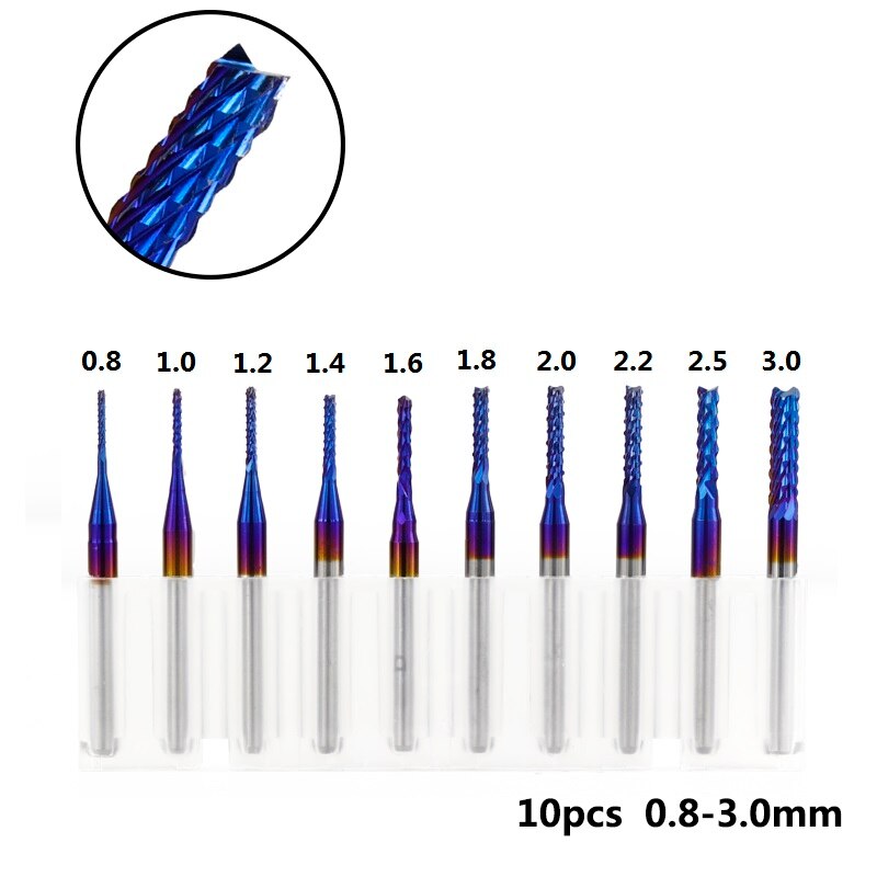 XCAN End Mill Engraving Bits Set Nano Blue Coated CNC Router Bits Cutting Milling Cutter 1/8" Shank Carbide Milling Tools: 10pcs Blue0.8-3.0