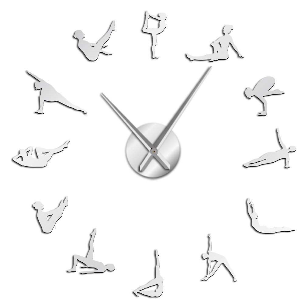Pilates Poses Diy Big Needles Wall Clock For Girls Room Fitness Center Sport Exercise Health Quiet Watch Home GYM Decor Clock: Silver Wall Clock / 27inch