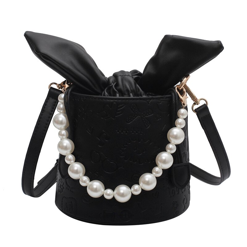 THREEPEAS PU Leather Shoulder Bucket Bag Women Girls Purses and Handbags Pearl Female Shoppers: Black