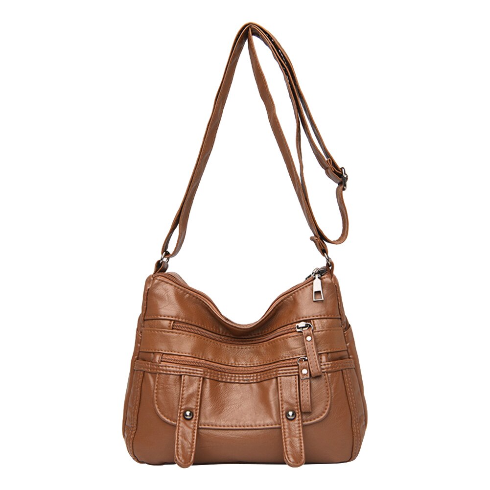 Solid Crossbody Bag Casual Women PU Shopping Street Shoulder Bags Large Capacity Multi-zipper Mother Top-handle Handbags: Light Brown C