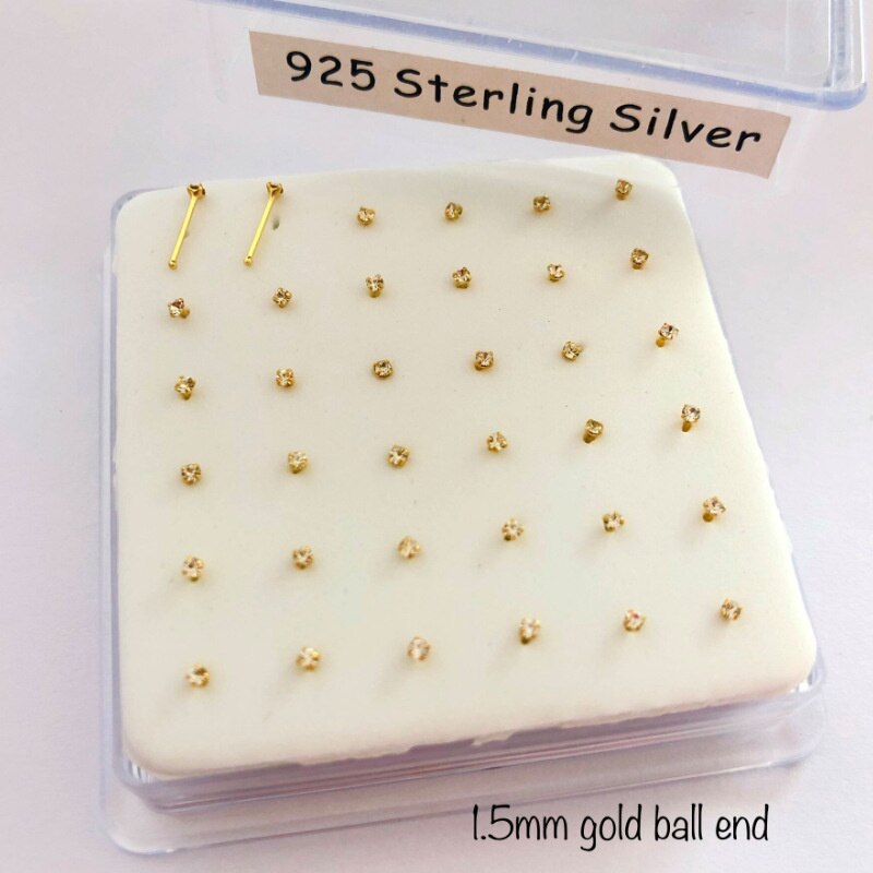 Hellolook 1.5Mm Clear Crystal 925 Sterling Zilveren Neus Stud Rechte Mode Vrouwen Delicate Neus Piercing Sieraden 36 Stks/pak: gold ball end