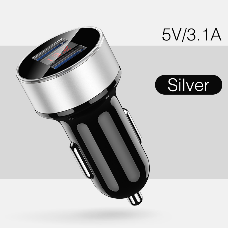 Rock Mini Dual Usb Autolader Led Display Universele 3.4A Mobiele Telefoon Tablet Snel Opladen Usb Lader Voor Auto 2 usb Adapter: Silver 3.1A