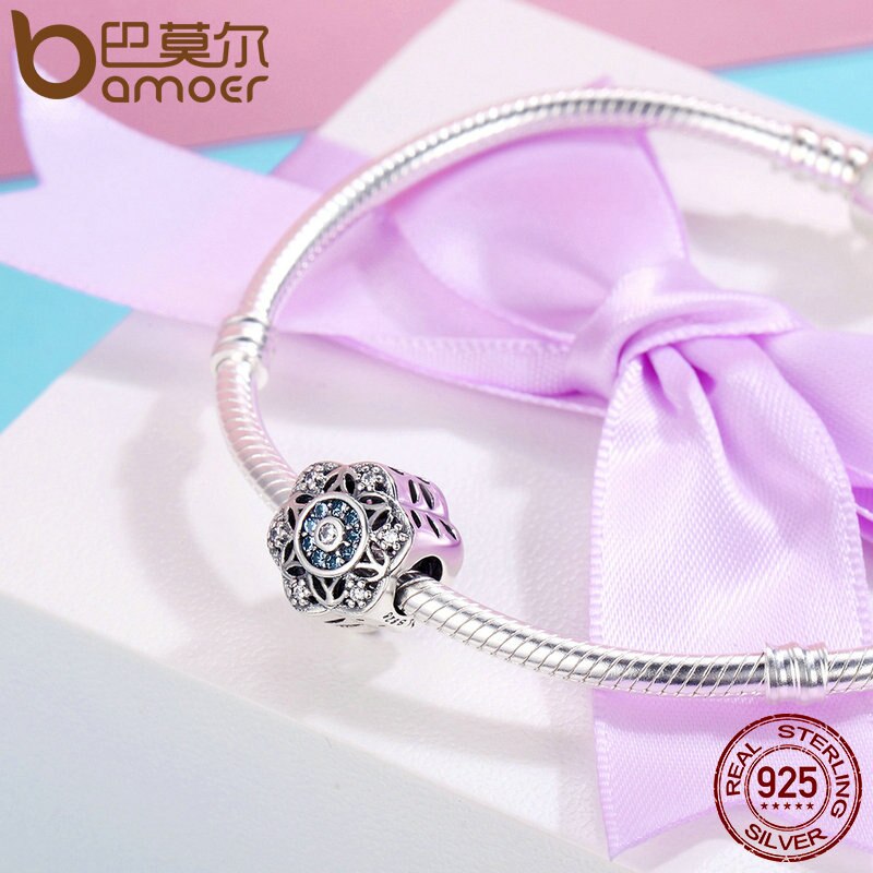 BAMOER Authentic 925 Sterling Silver Romantic Snowflake, Dazzling CZ Beads fit Charm Bracelet Bangle Jewelry SCC247